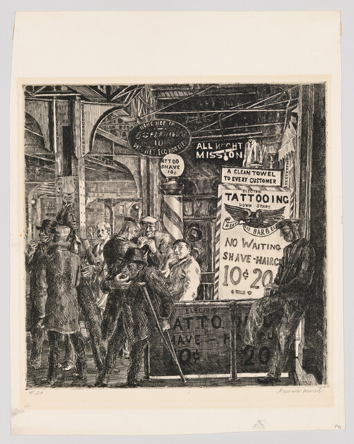 Several men gather under an elevated train by signs advertising shaves, haircuts, and tattooing.