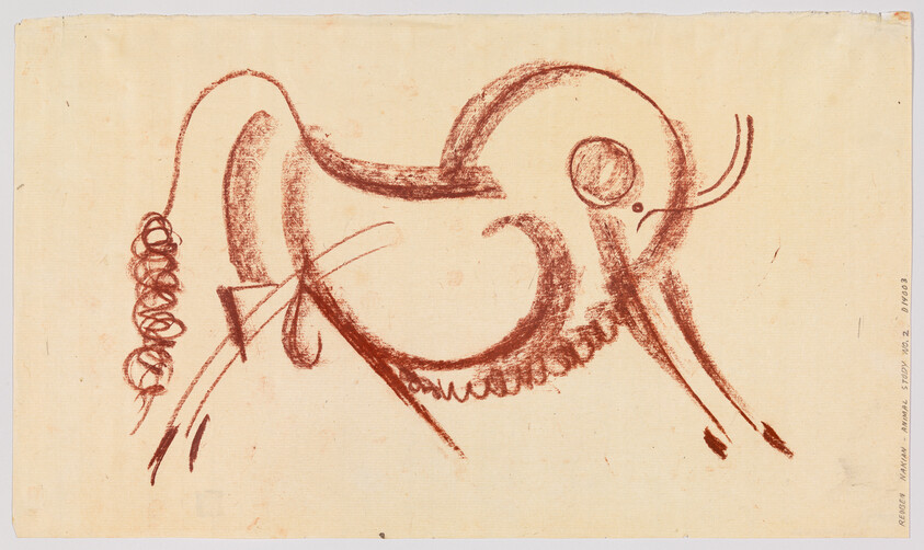 A simple red chalk sketch of a stylized elephant with a long trunk and curled tail.