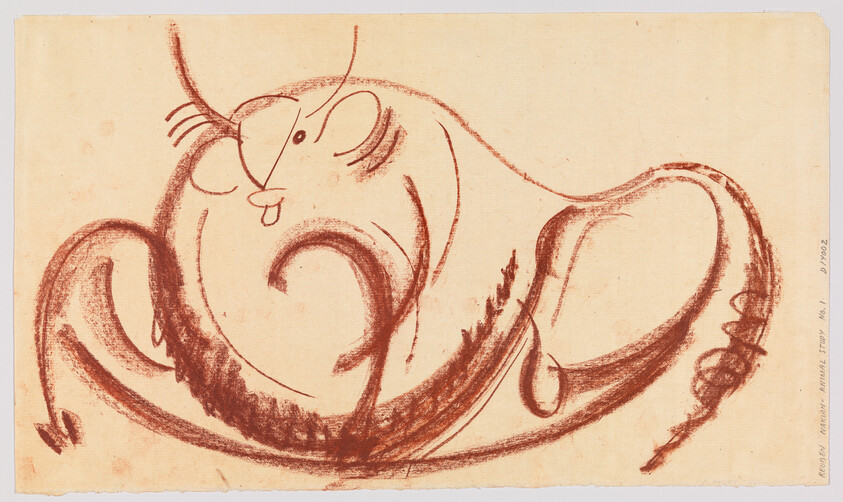 A playful red chalk drawing of a smiling elephant with large curved ears and trunk raised.