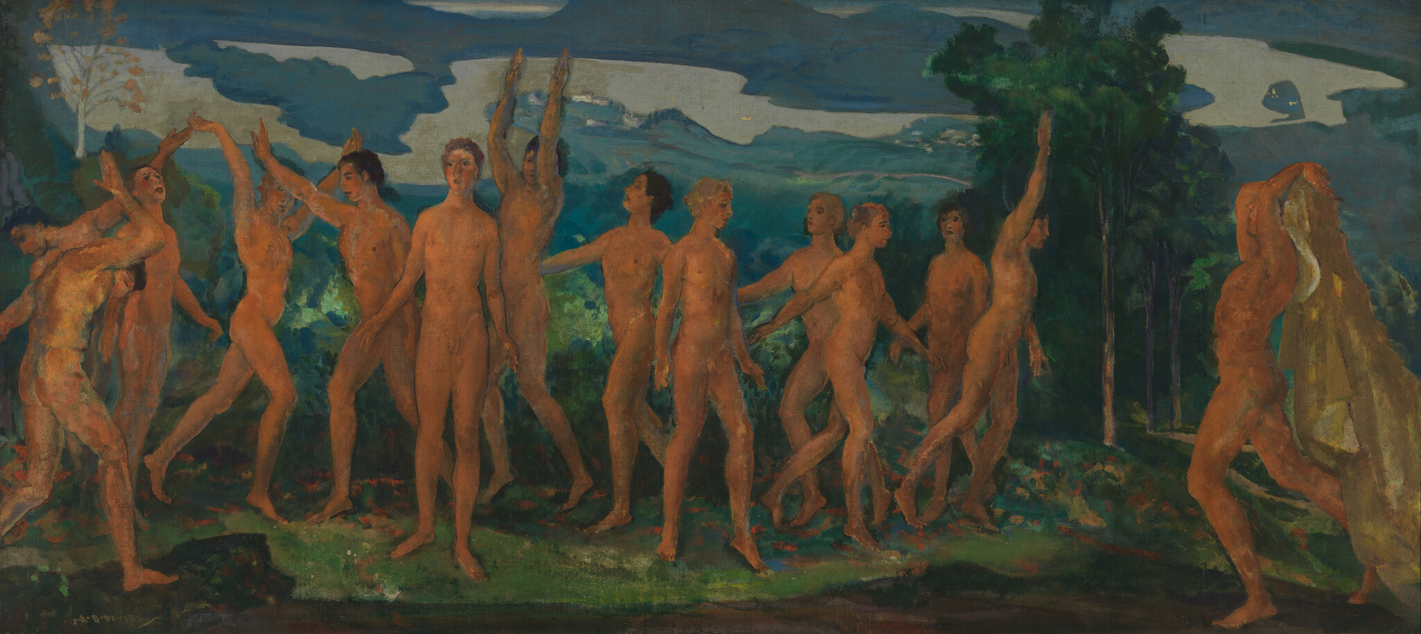 A circle of nude figures dancing and walking together in a wooded landscape.