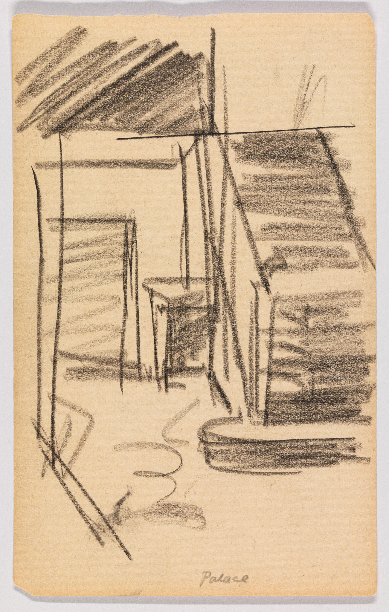 A sketch on tan paper with loose, expressive lines in charcoal or pencil depicting an abstracted interior scene with architectural elements, possibly a staircase and doorway. The word "Palace" is handwritten at the bottom right corner.