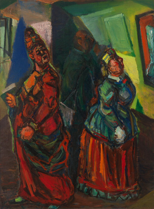 Three expressive figures in colorful clothes stand and gesture dramatically inside a dimly lit room.