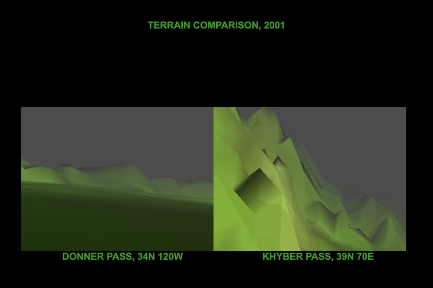 Comparison of terrain models: Donner Pass (34N 120W) on the left, Khyber Pass (39N 70E) on the right, both in green tones.