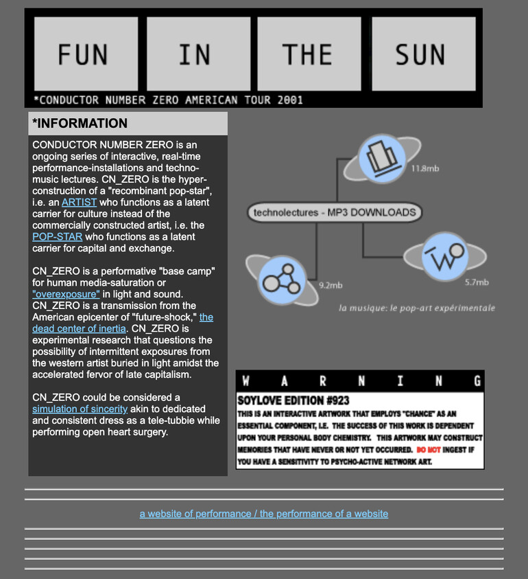 "Fun in the Sun" poster for Conductor Number Zero American Tour 2001, featuring info on interactive performances and MP3 downloads.