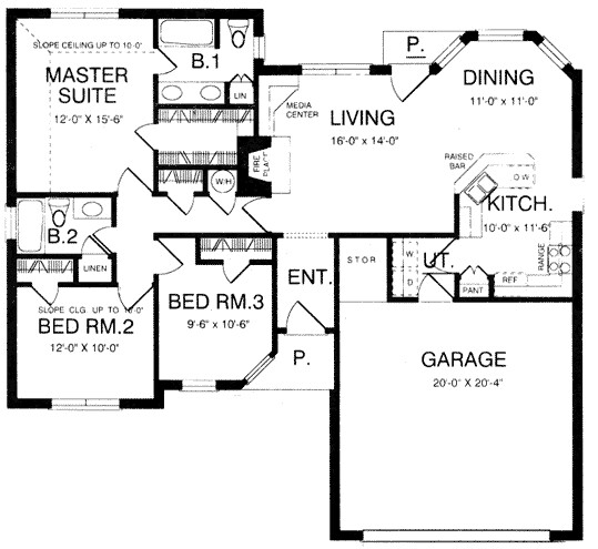 House floor plan with three bedrooms, two bathrooms, living room, dining area, kitchen, utility room, and garage. Includes entry and porch.