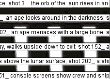 Black and white text strips list scenes involving apes, a rising sun, and a ship above the lunar surface.