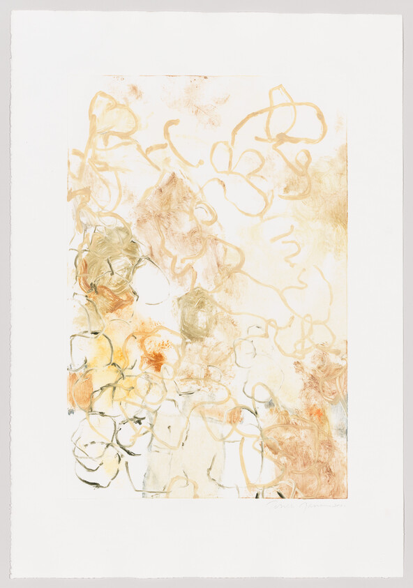 An abstract artwork featuring loose, flowing lines and shapes in soft hues of orange, yellow, and brown on a white background. The image has a textured appearance with some areas where the color is more concentrated, creating a sense of depth and movement. The artwork is signed at the bottom right corner.