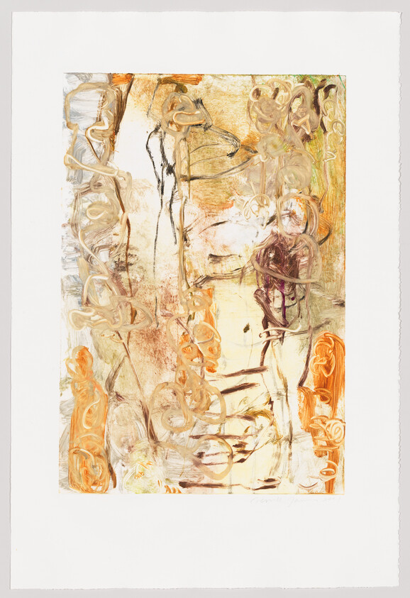 An abstract painting with a blend of warm tones such as orange, yellow, and brown, with visible brush strokes and undefined shapes that create a sense of movement and texture. The artwork is signed and dated at the bottom right.