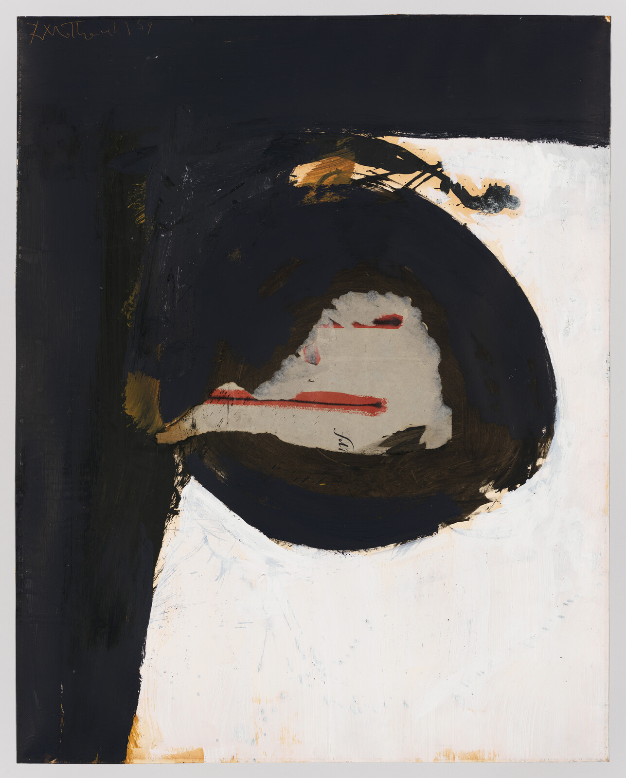 Large dark circular brushstroke dominates center of white canvas with small red marks.