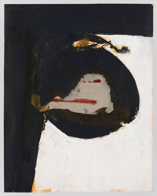 Large dark circular brushstroke dominates center of white canvas with small red marks.