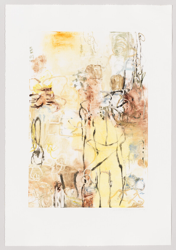 An abstract painting with a blend of warm and cool tones, featuring loose, expressive lines and shapes that suggest a musical theme with a saxophone-like figure on the right side. The artwork is on textured paper with rough edges, and there's a signature at the bottom right corner.