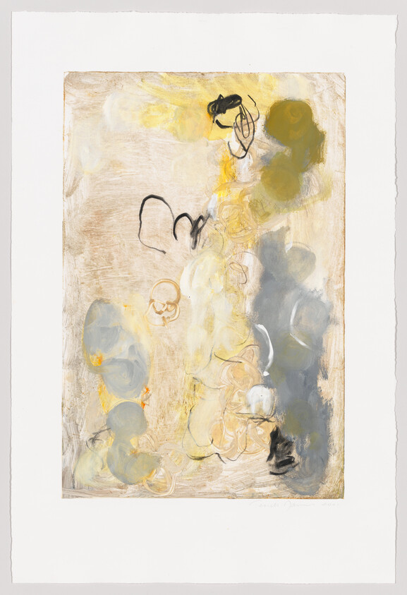 An abstract painting featuring a blend of muted yellows, grays, and whites with spontaneous black line work and circular motifs throughout. The artwork is on a white background with rough paper edges visible, suggesting it may be a print or watercolor on paper. The artist's signature and the year are visible at the bottom right corner.
