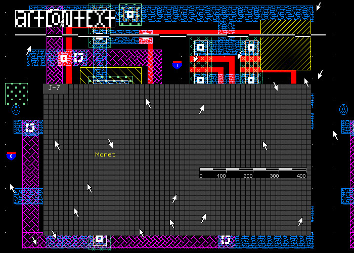 Circuit board layout with a large grey grid labeled "Monet," multiple directional arrows, and a scale bar.