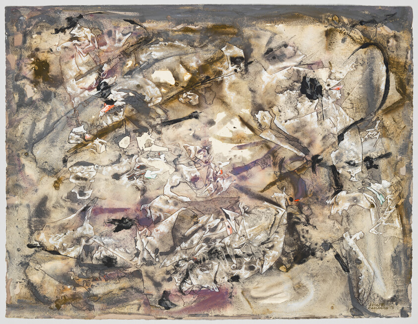Abstract painting with layered beige and brown washes, torn-paper shapes, and scattered black ink marks.
