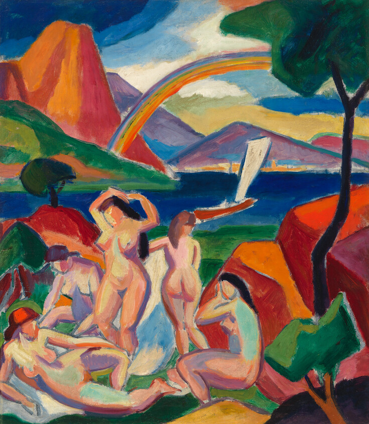 A vibrant expressionist painting depicting a group of nude figures in various poses by a lakeside, with a colorful landscape of mountains and a rainbow in the background, and a sailboat on the water. The brushwork is loose and the colors are bold, with an emphasis on reds, blues, and greens.