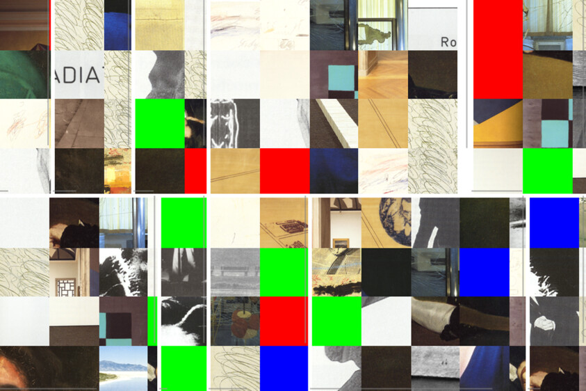 Abstract collage of tiled squares and bright red, green, and blue blocks forming a fragmented mosaic.