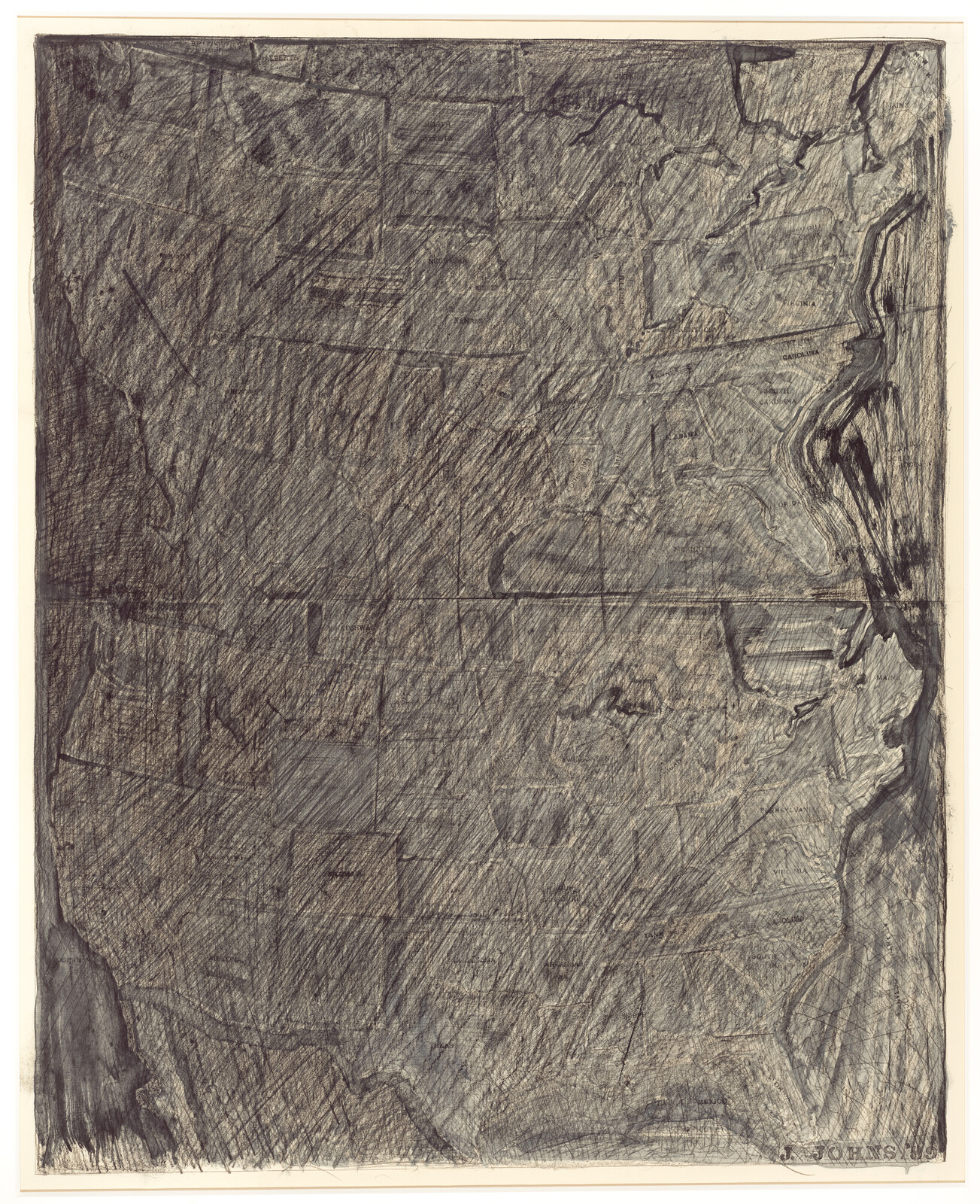 A U.S. map heavily shaded with dark pencil scribbles obscuring state boundaries and labels.