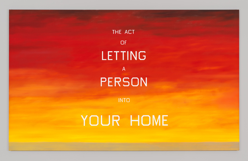 Text on a vibrant sunset background reads: "The act of letting a person into your home."