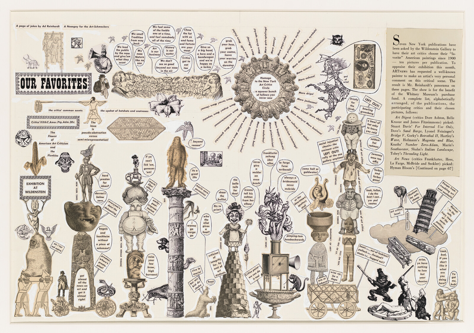 Collage of various surreal figures and objects with speech bubbles, text blocks, and a section titled "OUR FAVORITES" on the left.