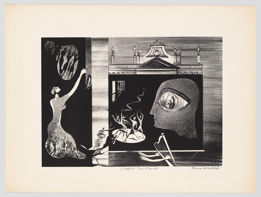 Woman reaches toward floating forms while dancers whirl inside a large head's reflective eye.