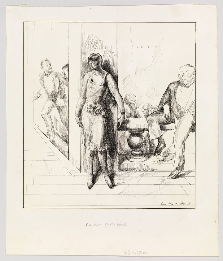 A flapper-style woman stands in a theater doorway while tuxedoed men watch her.