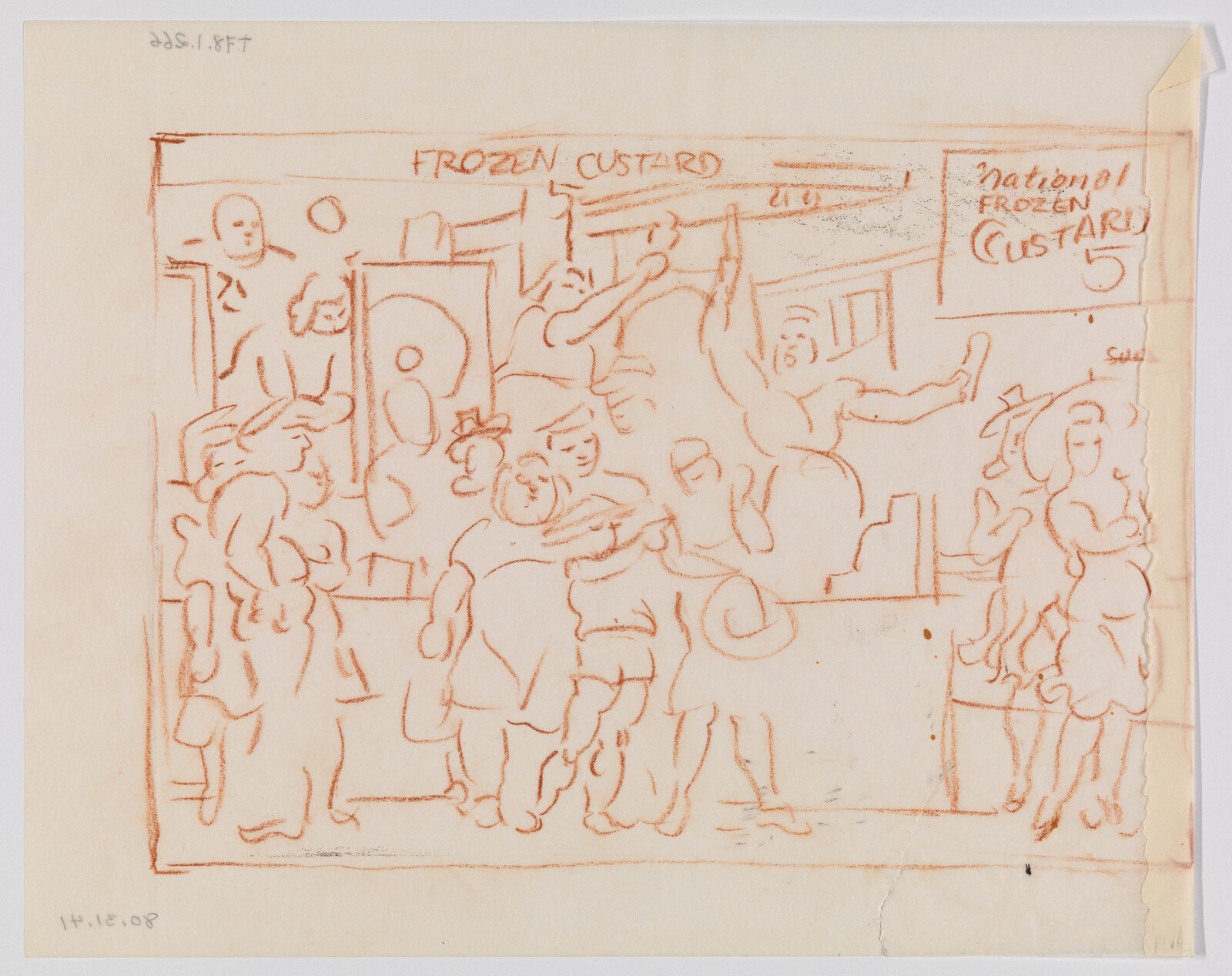 People gather at a busy frozen custard stand under a sign reading "Frozen Custard."