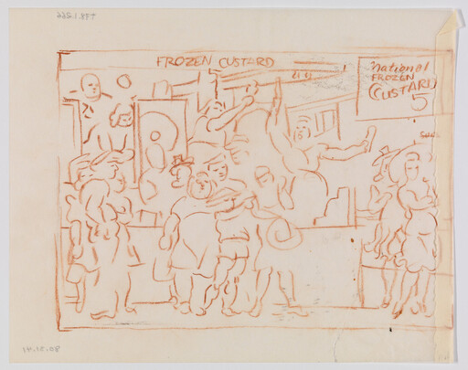 People gather at a busy frozen custard stand under a sign reading "Frozen Custard."