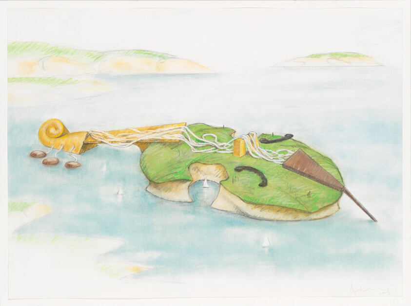 An island shaped like a violin with a grassy top, attached bow, and scattered rocks.