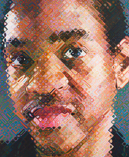 A close-up mosaic-styled face of a man with a mustache and expressive eyes.