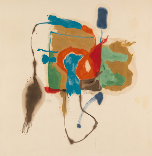 Abstract painting with bold blue, orange, green, and brown shapes connected by dripping lines.
