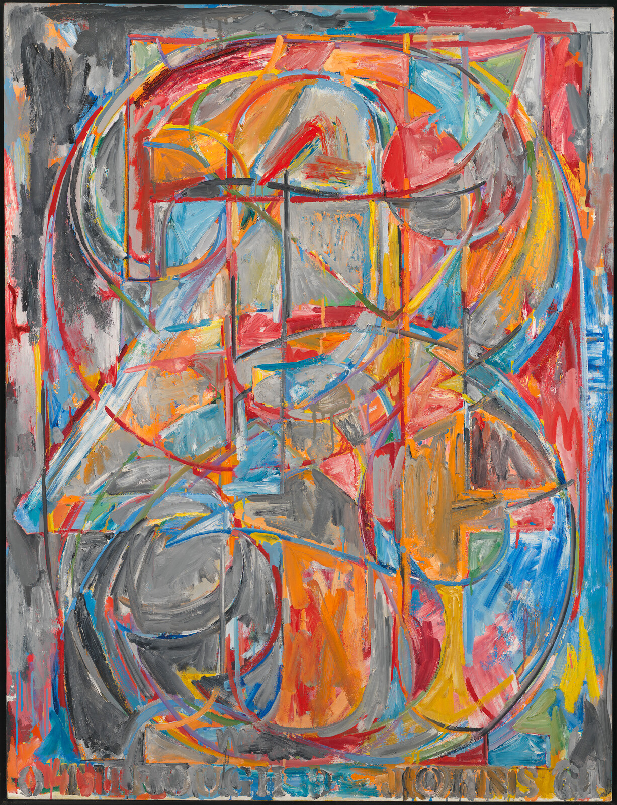 A vibrant abstract painting featuring a complex overlay of geometric shapes and lines in a variety of colors including red, blue, orange, yellow, and gray, with visible brushstrokes and texture.