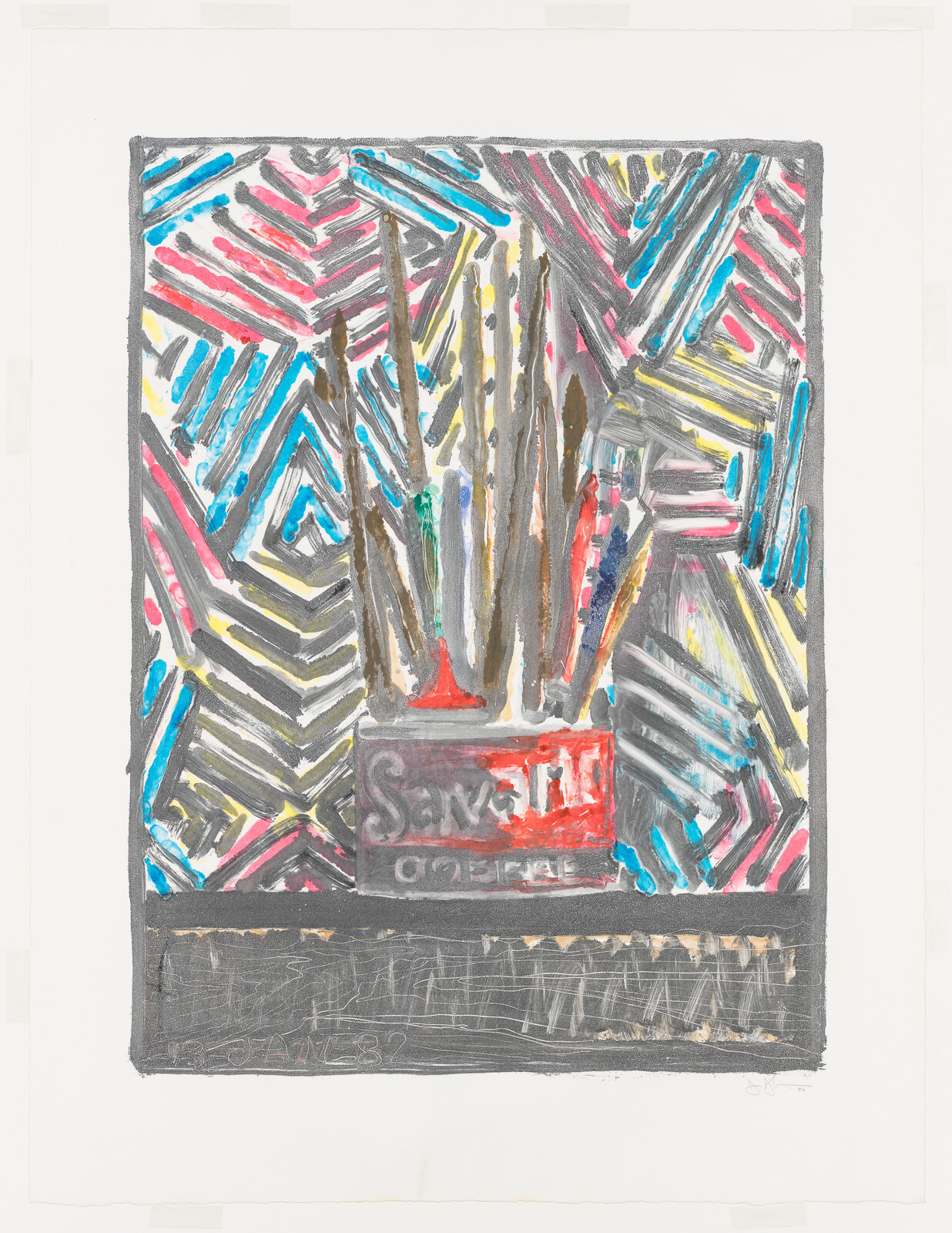 A can labeled "Savarin Coffee" holds several paintbrushes, with colorful zigzag lines in the background.