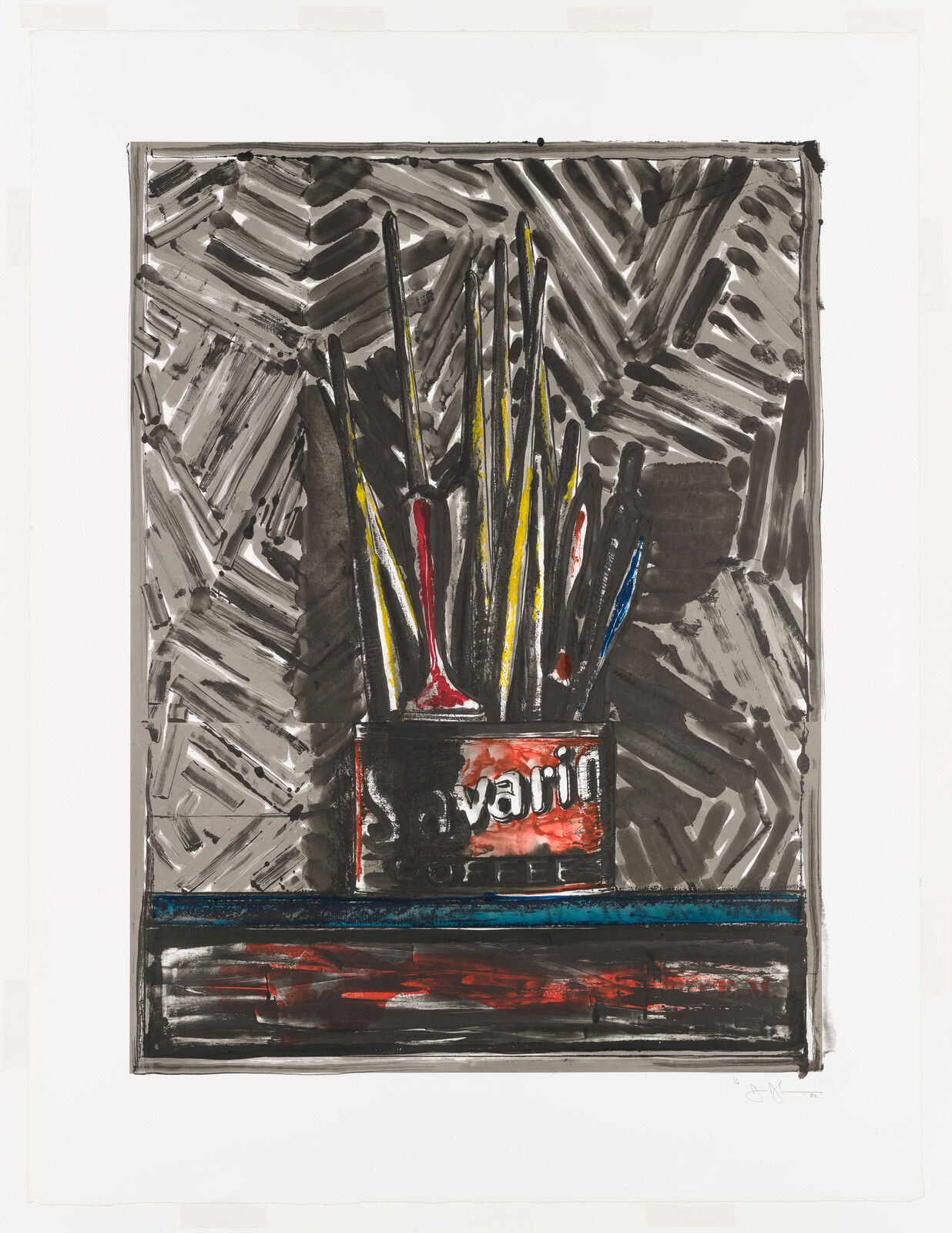 A can labeled "Savarin Coffee" holds several paintbrushes with colorful handles against a patterned background.