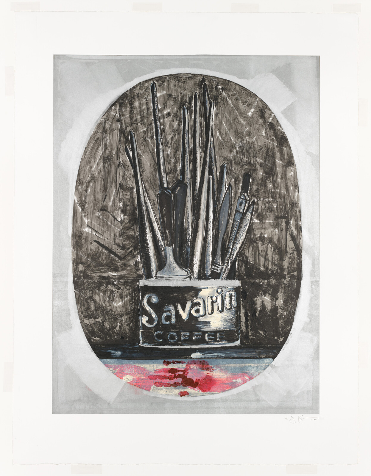 A can labeled "Savarin Coffee" holds various paintbrushes and pencils, with red paint marks below the can.