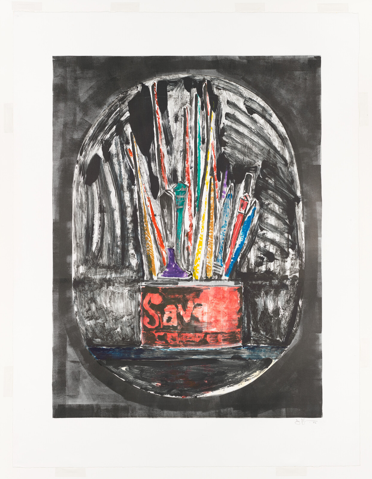 A red box labeled "Sava" holds colorful pencils or brushes, set against a dark, textured background.
