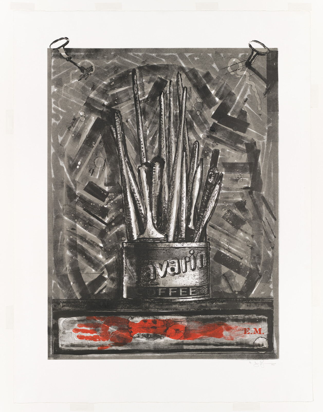 A can labeled "COFFEE" holds various paintbrushes; a red handprint and the initials "E.M." appear below.