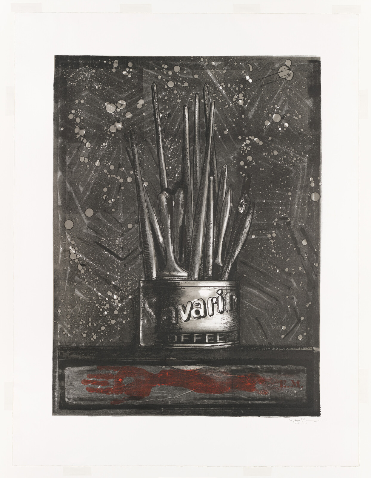 A can labeled “COFFEE” holds several paintbrushes, with a red handprint and the initials “E.M.” below.