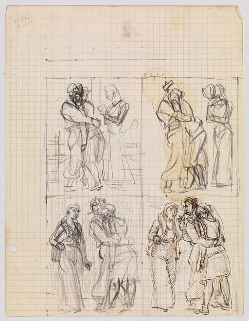 Four rough pencil and ink sketches show small groups of people leaning together and whispering on graph paper.