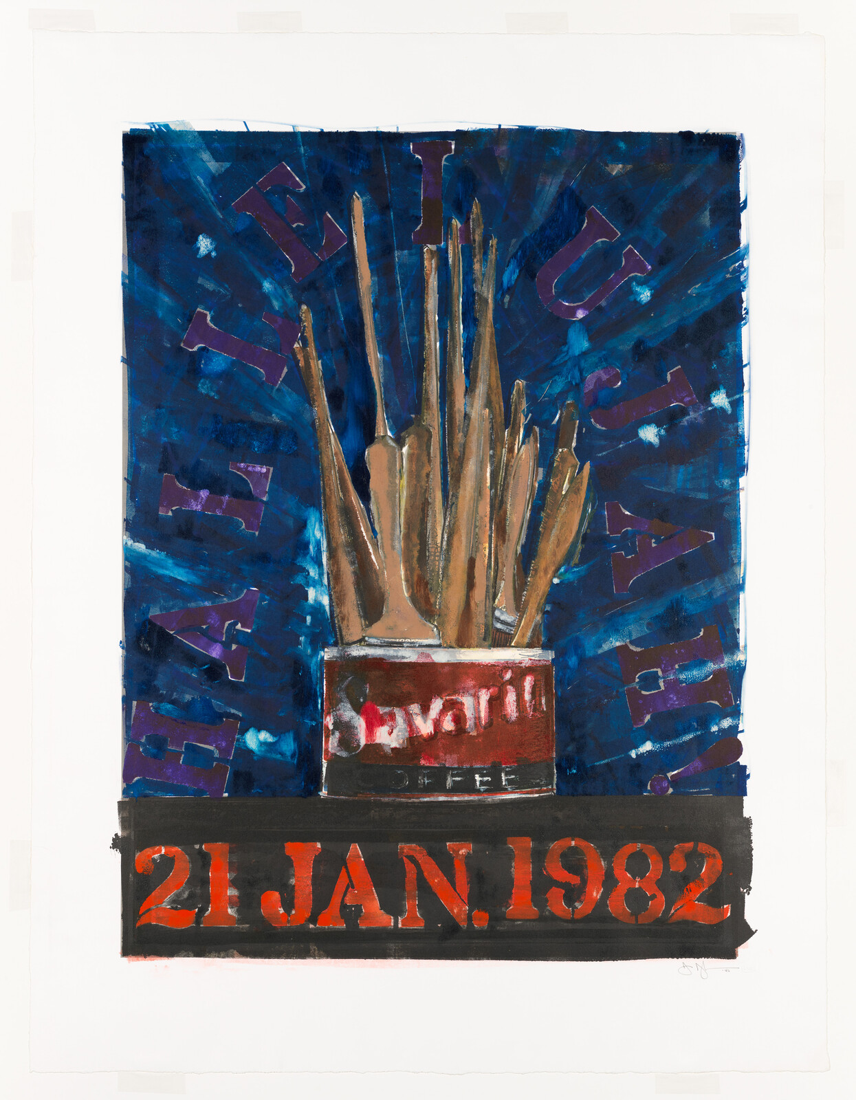 A can labeled "Bavarian Coffee" holds sticks, with the date "21 JAN. 1982" in large red letters.