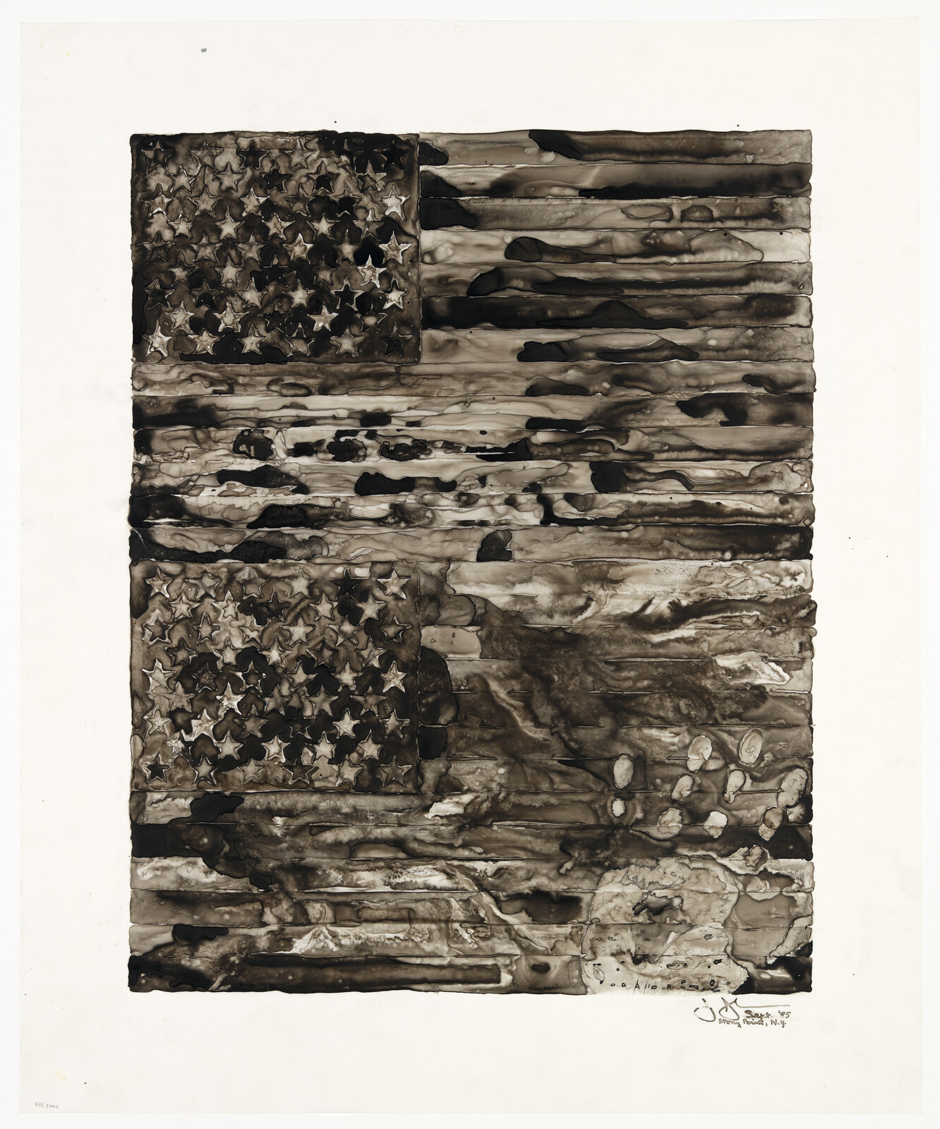 Two distressed American flags stacked vertically in dark ink with smudges and handprints.
