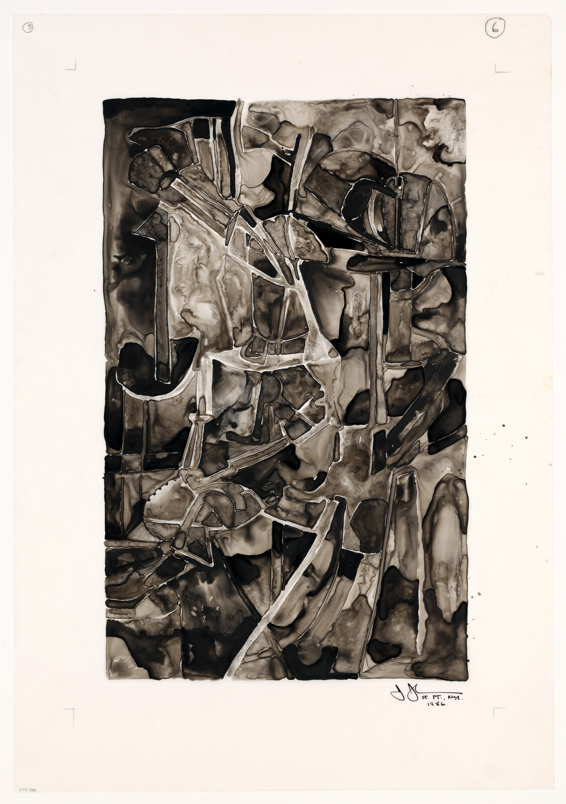 Abstract black-and-white ink composition showing tangled organic shapes and intersecting lines in a vertical panel.