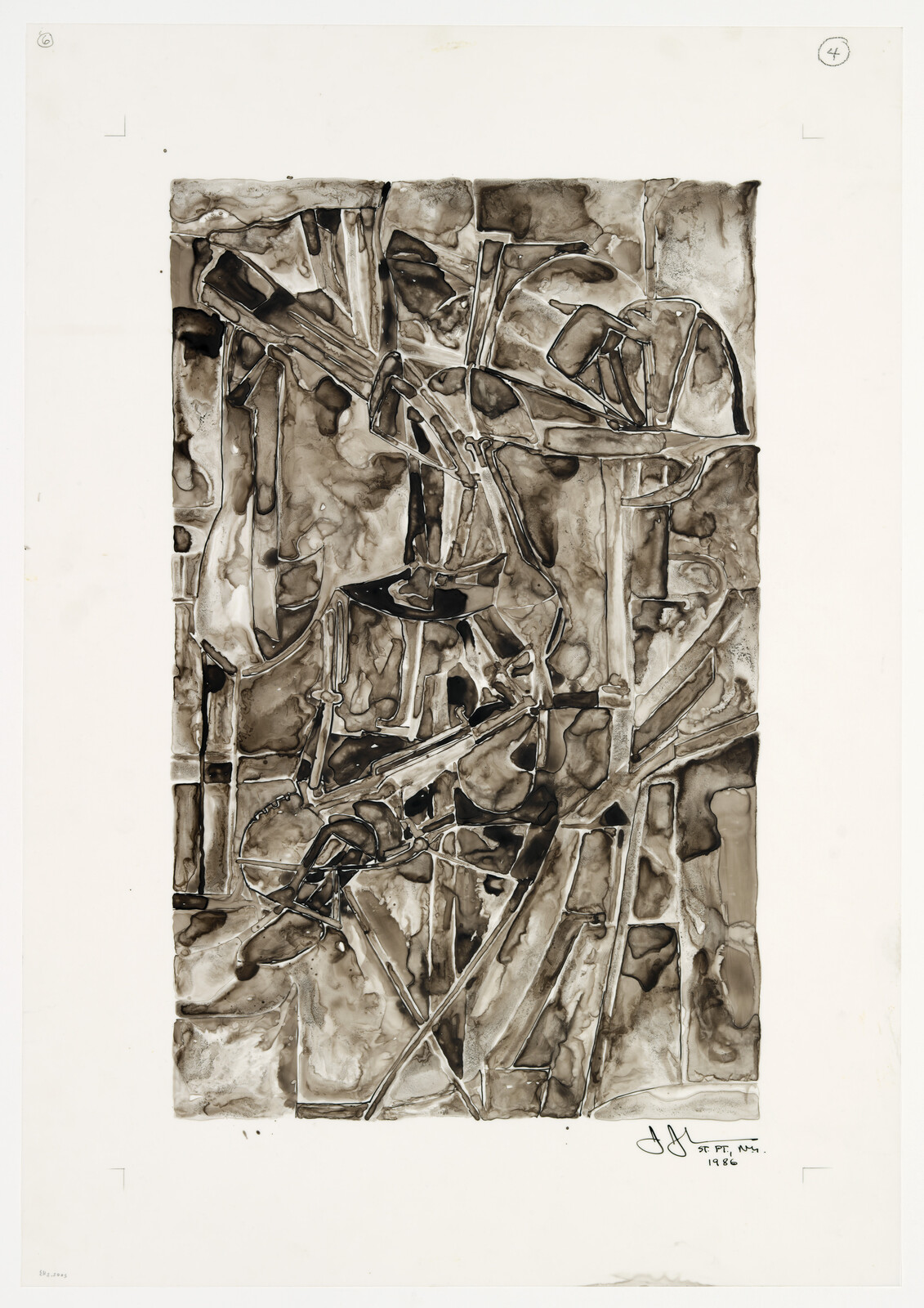 Abstract sepia ink composition with intersecting lines and organic shapes filling the page.