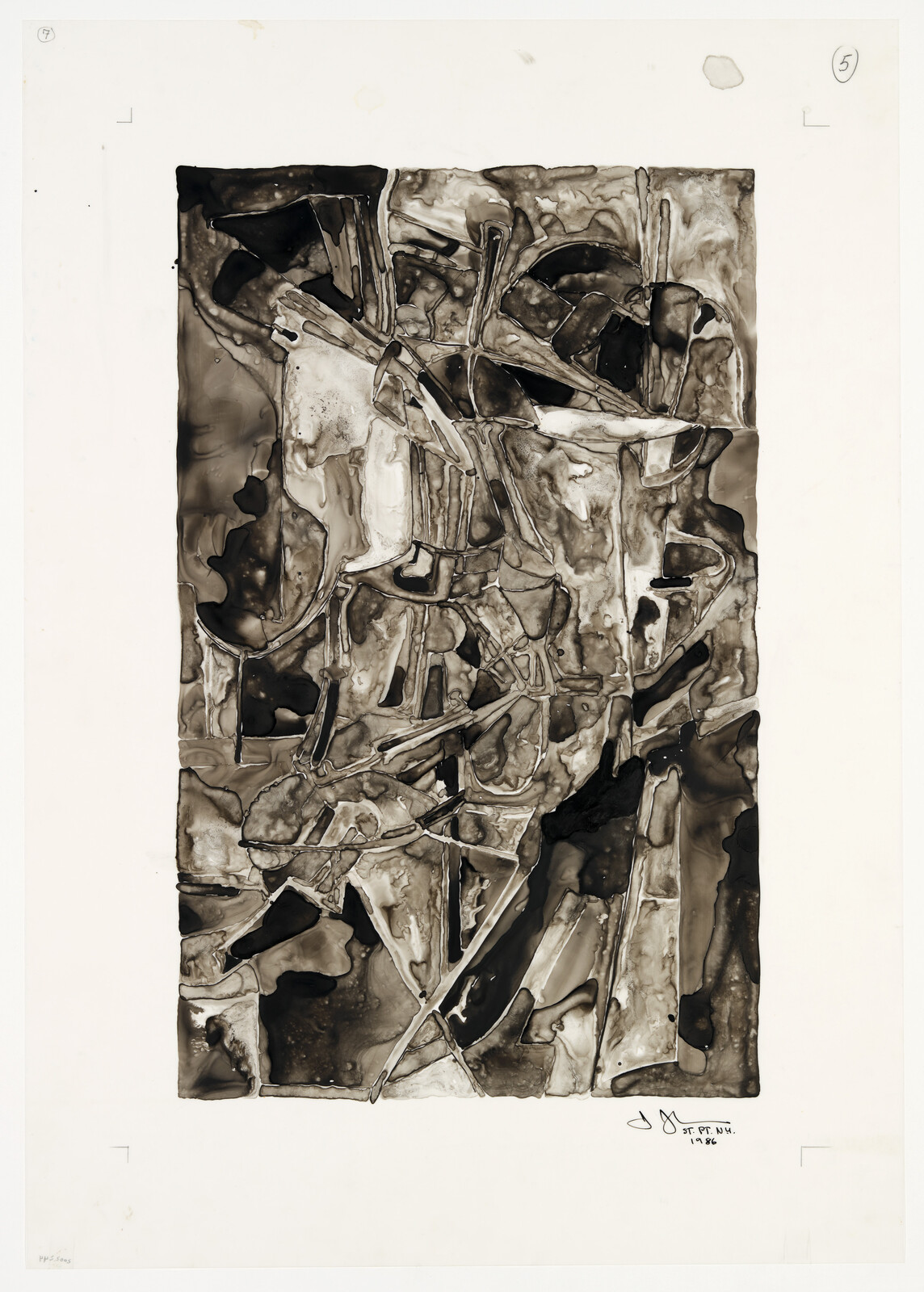 Abstract black-and-white ink drawing with overlapping shapes, lines, and textured washes in a tall rectangle.