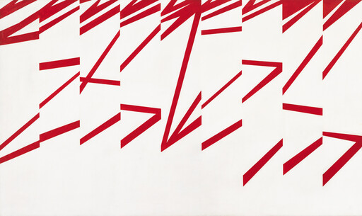 White background with repeated red angled stripes forming broken chevron and arrow-like patterns.