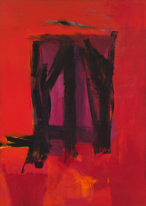 Bold red abstract painting with heavy black brushstrokes framing a deep purple central rectangle.
