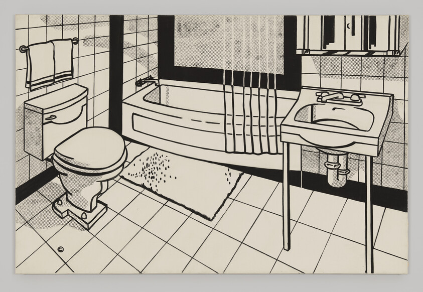 Black-and-white bathroom drawing showing a toilet, bathtub with curtain, sink, and floor rug.