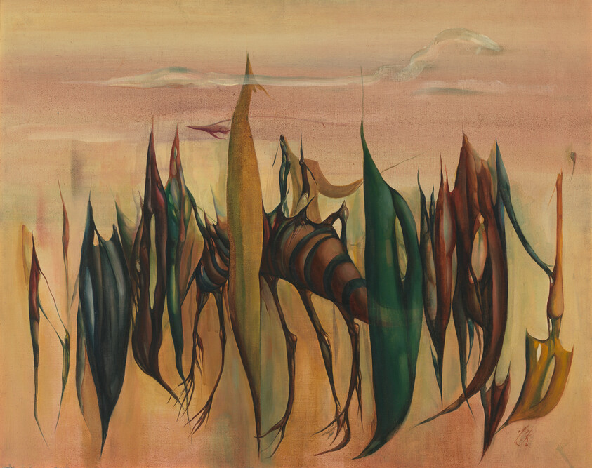 Abstract organic shapes like elongated leaves and striped pods float against a warm peach background.