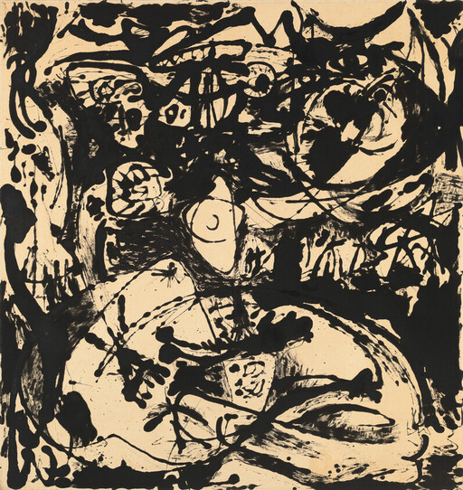 Chaotic black ink splatters and bold brushstrokes form swirling abstract shapes on a beige background.