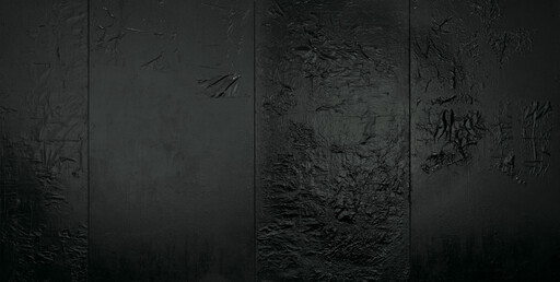 Three large black panels with rough, wrinkled texture and peeling paint across the surface.