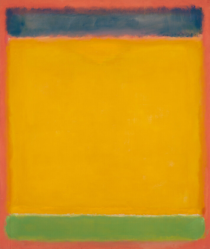 Abstract painting with a large yellow center, surrounded by a red-orange border and a blue-gray band at the top.